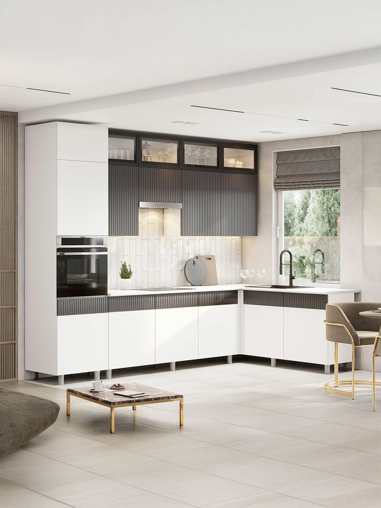Кухонный гарнитур угловой Амилия 3х1.8 м, мебель для дома и кухни, Белый / Бланж / Графит матовый / Черный